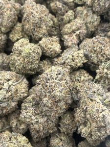 Close-up of Wedding Headband hybrid indica cannabis flower buds covered in frosty trichomes with green and purple tones and orange pistils.