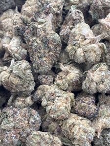 Dense, crystalline White Cherry Widow hybrid sativa buds showing purple undertones and pale amber hairs